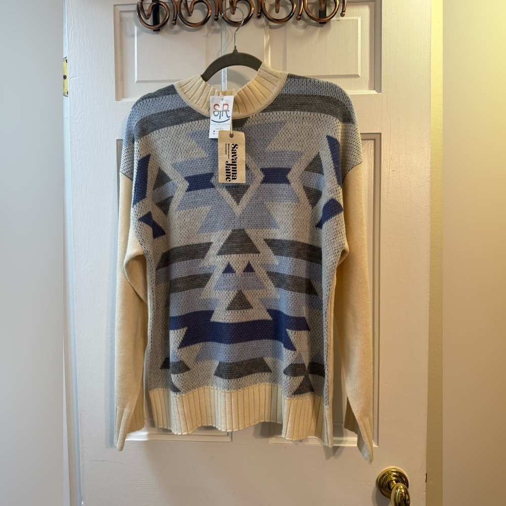 NWT Savanna Jane Southwestern Geometric Sweater Large Blue Cream